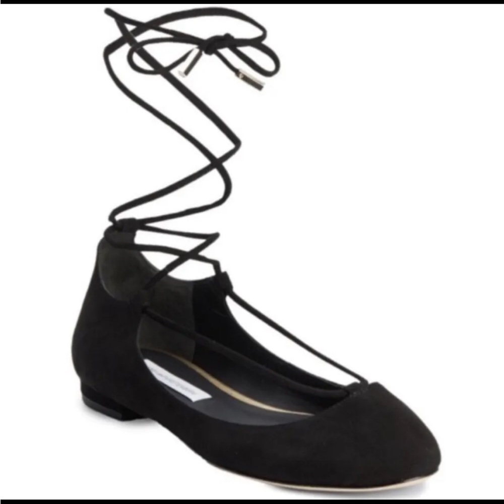 Diane Von Furstenberg Size 7.5 Paris Flats Ballerina Black Suede Wrap Gold